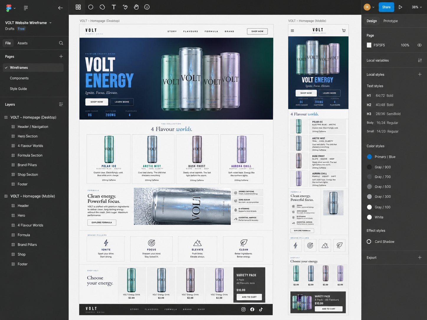 Figma wireframe workspace for the VOLT desktop and mobile website