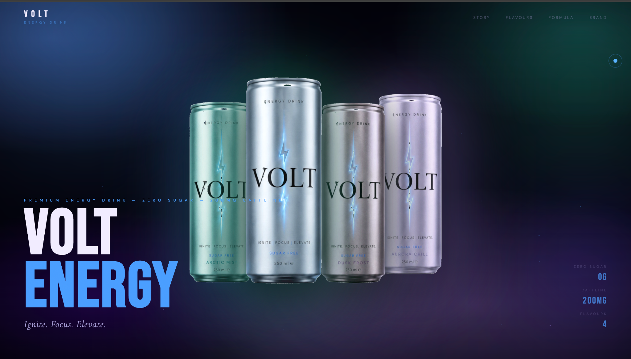 VOLT live website landing page with four energy drink cans